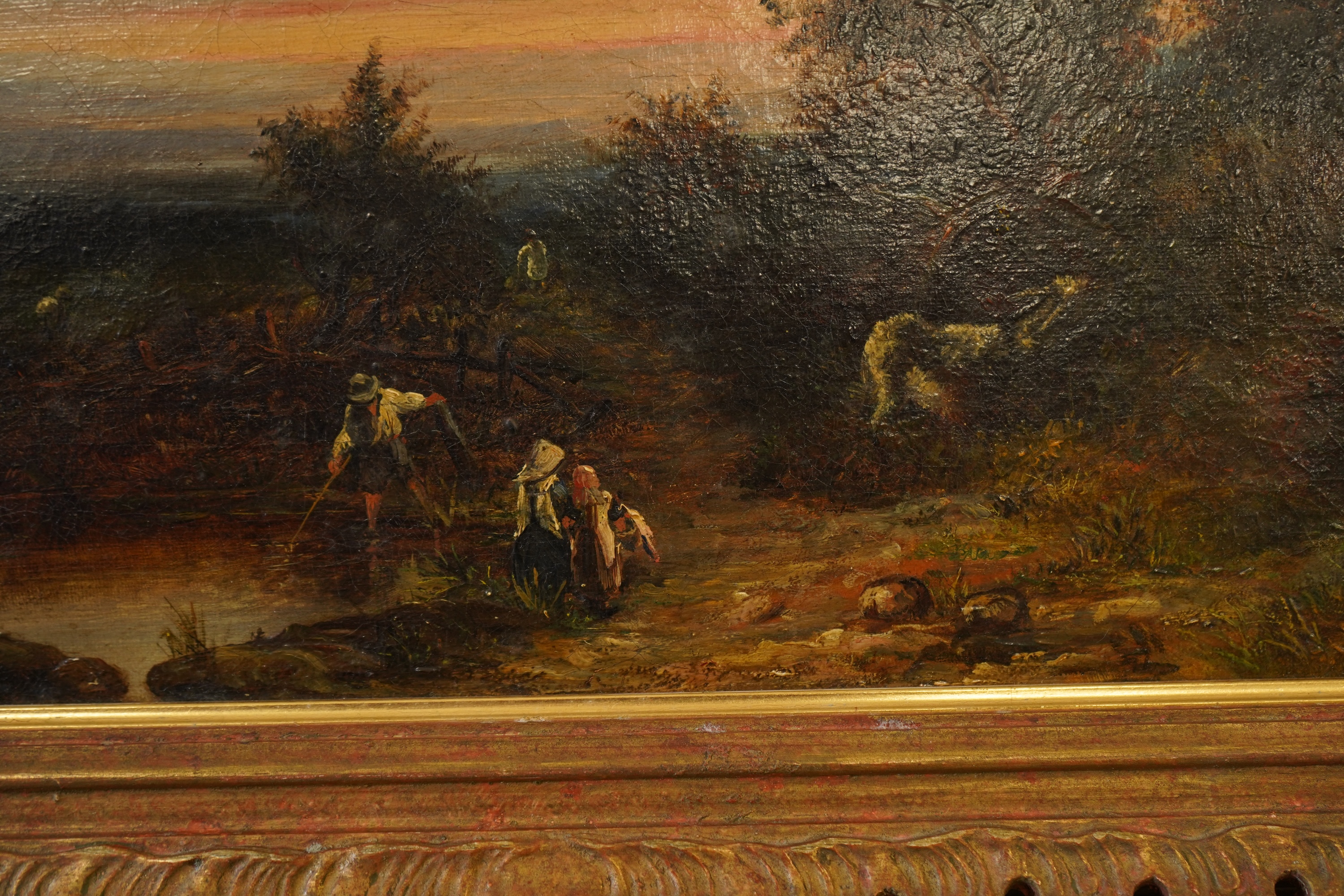 Attributed to Barbara A. Couldery, ‘Hampstead sunset’, unsigned, inscribed in ink verso, oil on canvas, ornate gilt frame, 24 x 38cm